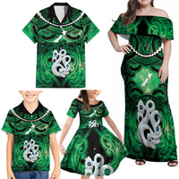 Personalised Maori Matariki Manaia Kakariki Family Matching Off Shoulder Maxi Dress and Hawaiian Shirt Maori Kowhaiwhai Pattern Galaxy LT01 - Polynesian Pride