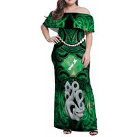 Personalised Maori Matariki Manaia Kakariki Family Matching Off Shoulder Maxi Dress and Hawaiian Shirt Maori Kowhaiwhai Pattern Galaxy LT01 Mom's Dress Green - Polynesian Pride