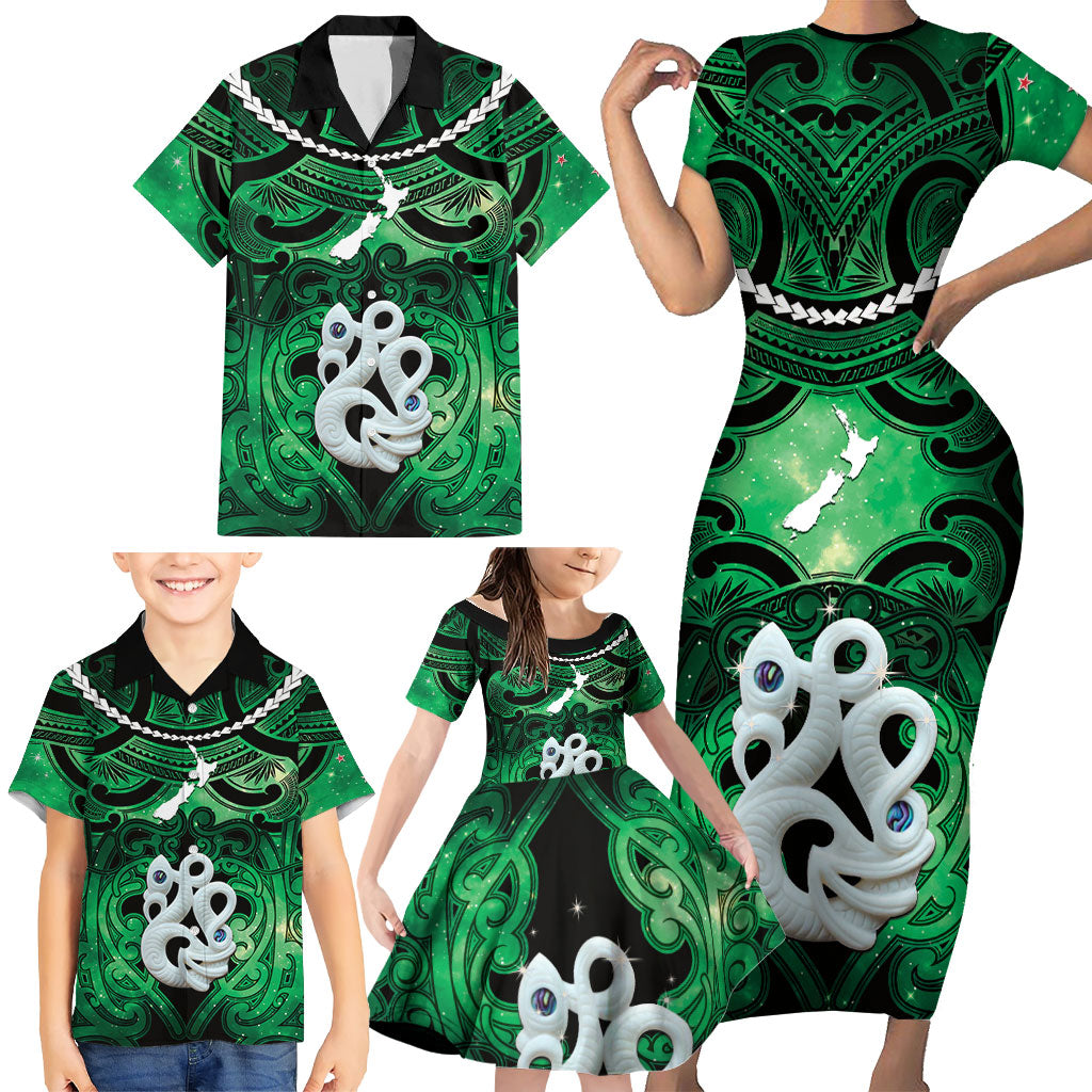 Personalised Maori Matariki Manaia Kakariki Family Matching Short Sleeve Bodycon Dress and Hawaiian Shirt Maori Kowhaiwhai Pattern Galaxy LT01 - Polynesian Pride