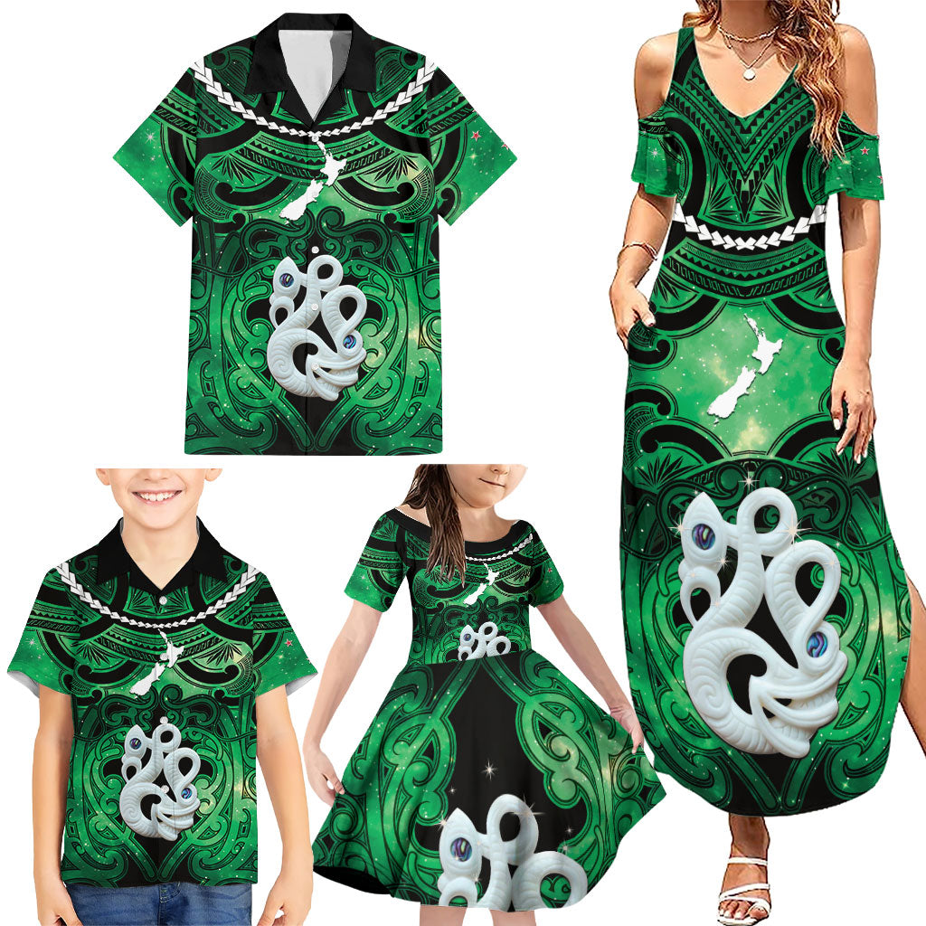 Personalised Maori Matariki Manaia Kakariki Family Matching Summer Maxi Dress and Hawaiian Shirt Maori Kowhaiwhai Pattern Galaxy LT01 - Polynesian Pride