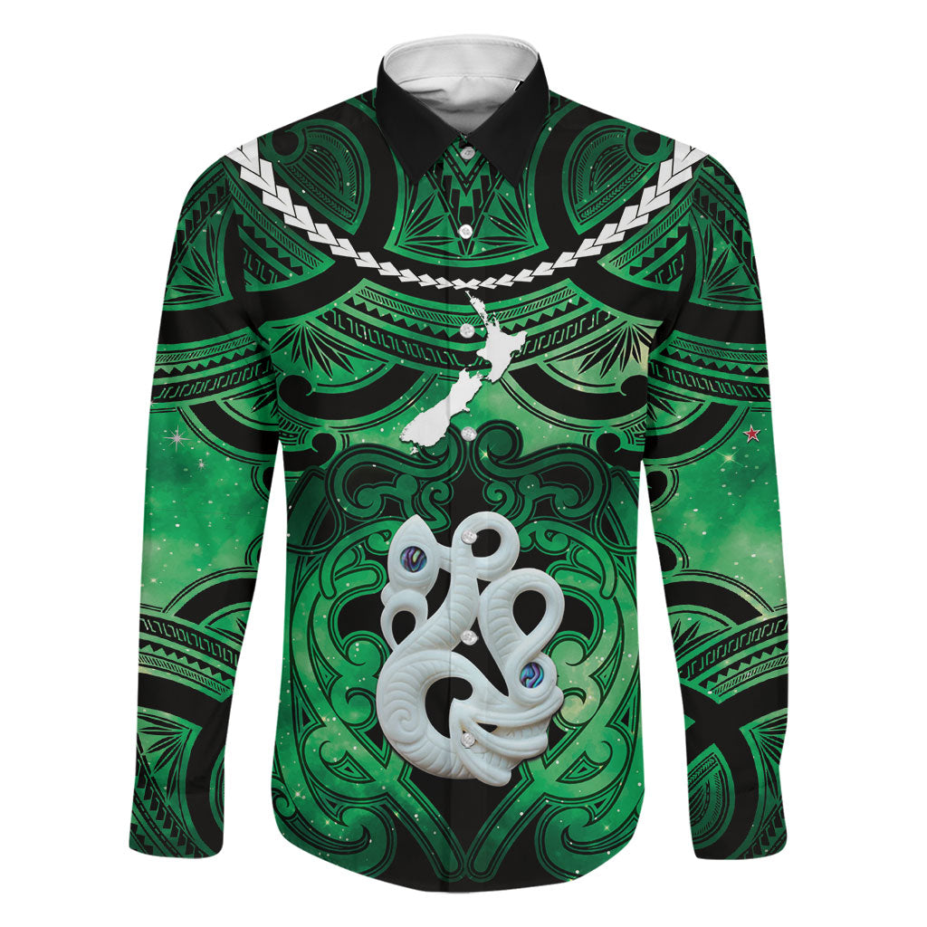 Personalised Maori Matariki Manaia Kakariki Family Matching Tank Maxi Dress and Hawaiian Shirt Maori Kowhaiwhai Pattern Galaxy LT01 Dad's Shirt - Long Sleeve Green - Polynesian Pride