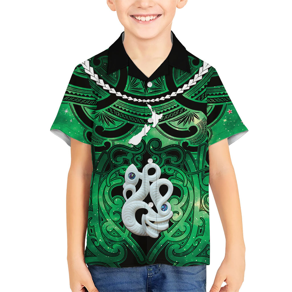 Personalised Maori Matariki Manaia Kakariki Family Matching Tank Maxi Dress and Hawaiian Shirt Maori Kowhaiwhai Pattern Galaxy LT01 Son's Shirt Green - Polynesian Pride