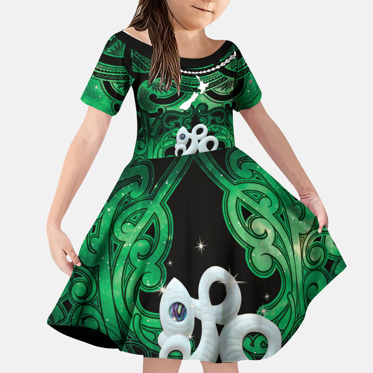 Personalised Maori Matariki Manaia Kakariki Kid Short Sleeve Dress Maori Kowhaiwhai Pattern Galaxy