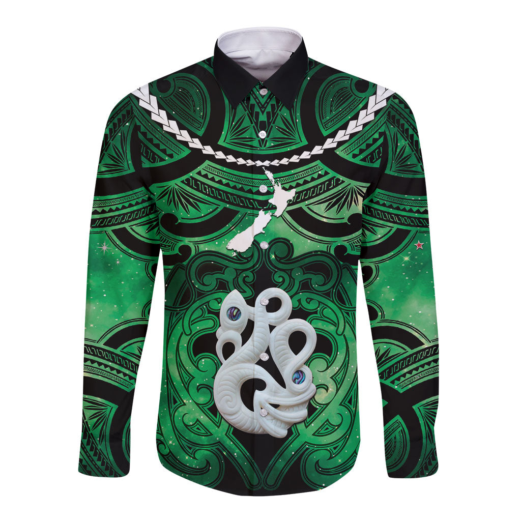 Personalised Maori Matariki Manaia Kakariki Long Sleeve Button Shirt Maori Kowhaiwhai Pattern Galaxy