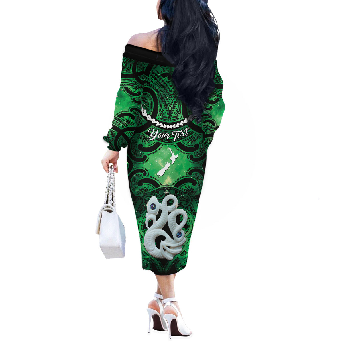 Personalised Maori Matariki Manaia Kakariki Off The Shoulder Long Sleeve Dress Maori Kowhaiwhai Pattern Galaxy