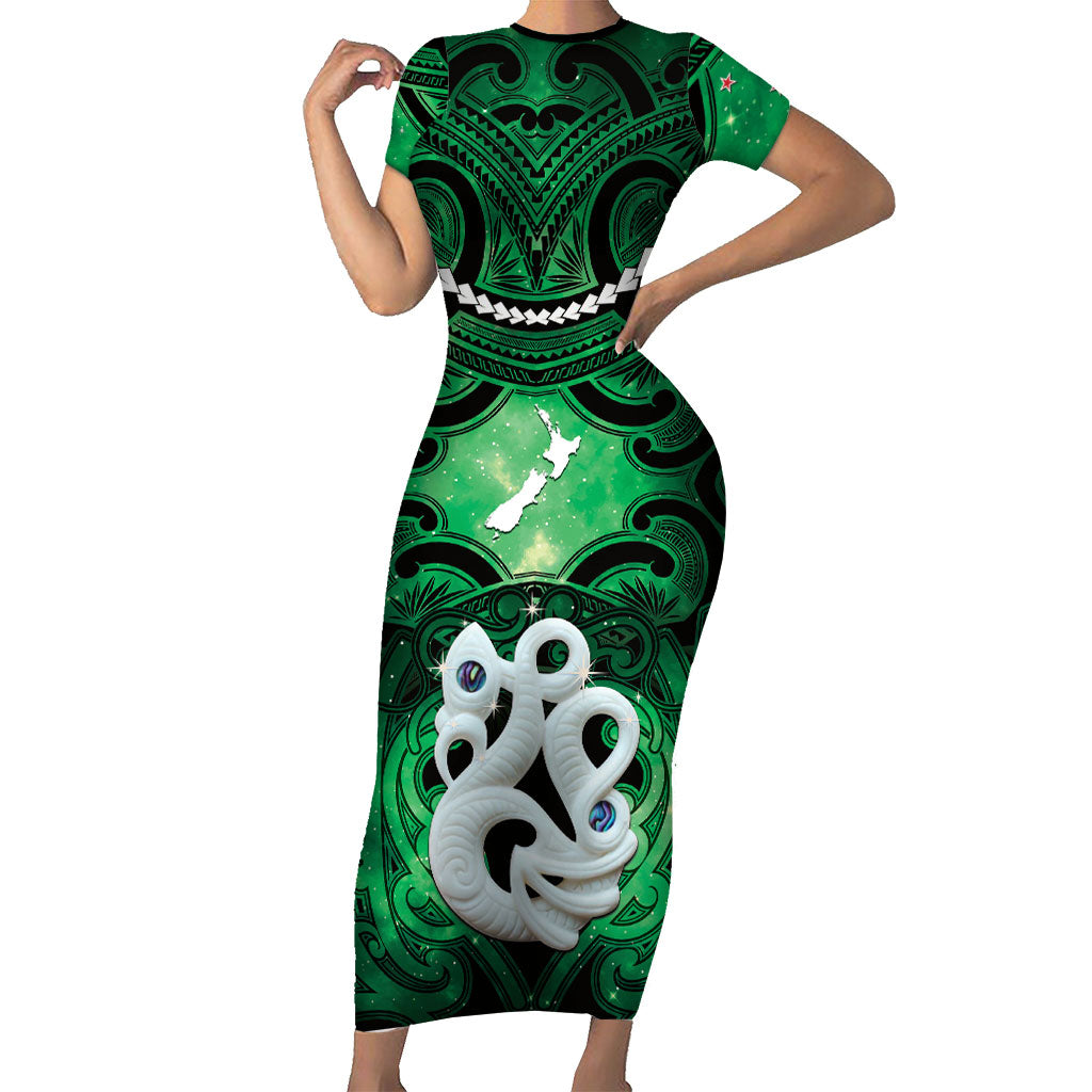 Personalised Maori Matariki Manaia Kakariki Short Sleeve Bodycon Dress Maori Kowhaiwhai Pattern Galaxy