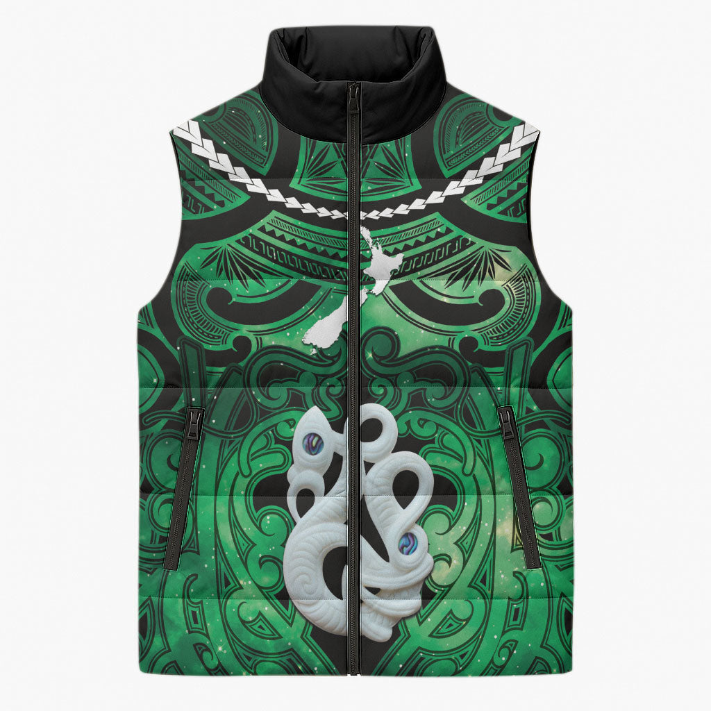 Personalised Maori Matariki Manaia Kakariki Sleeveless Puffer Jacket Maori Kowhaiwhai Pattern Galaxy