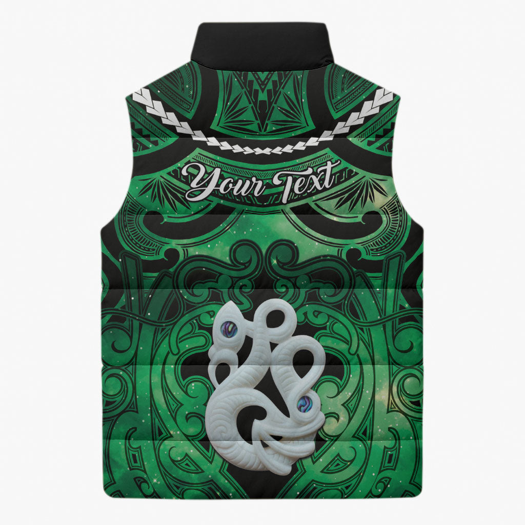 Personalised Maori Matariki Manaia Kakariki Sleeveless Puffer Jacket Maori Kowhaiwhai Pattern Galaxy