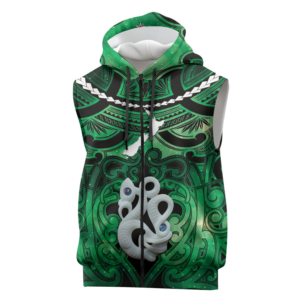 Personalised Maori Matariki Manaia Kakariki Sleeveless Zip Hoodie Maori Kowhaiwhai Pattern Galaxy