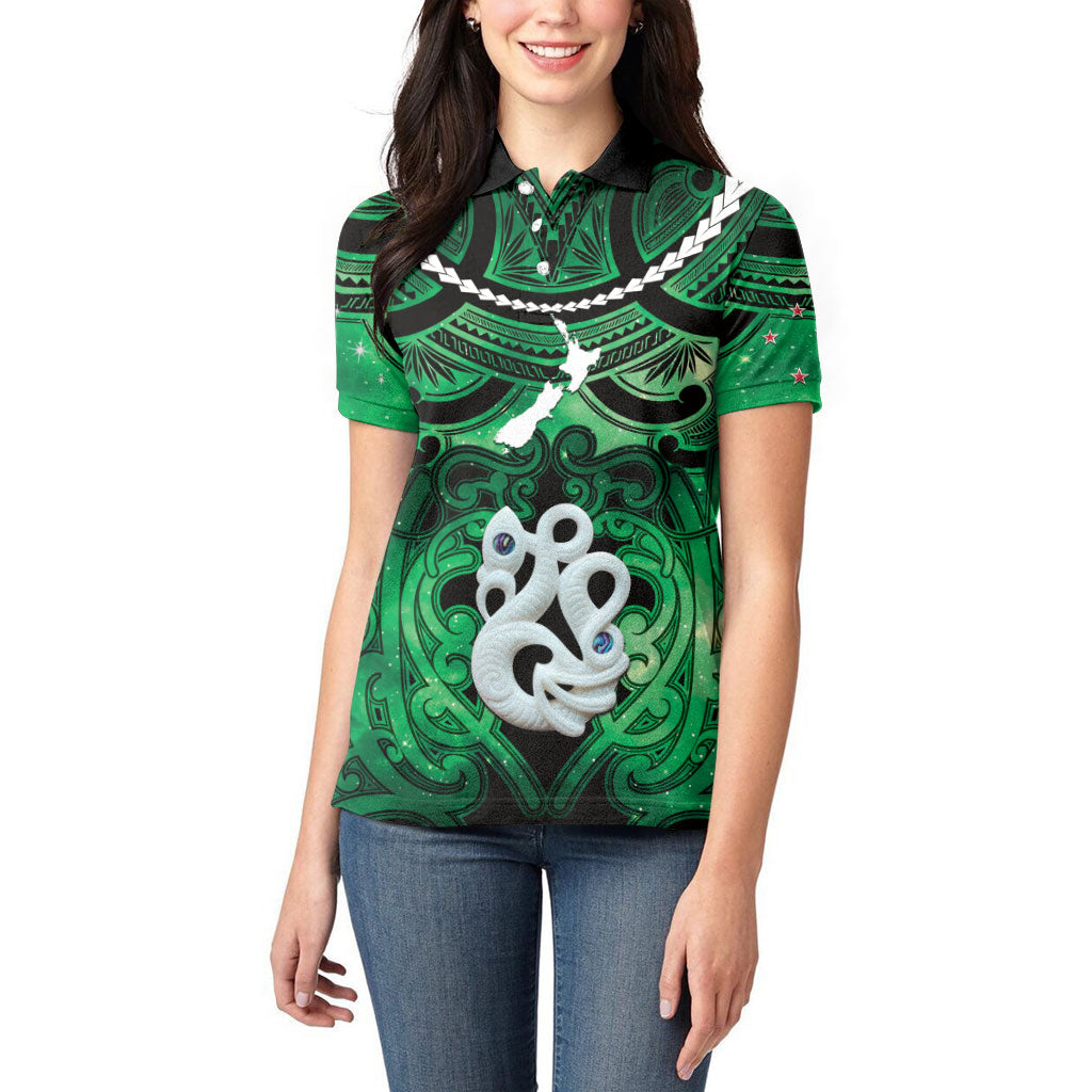 Personalised Maori Matariki Manaia Kakariki Women Polo Shirt Maori Kowhaiwhai Pattern Galaxy