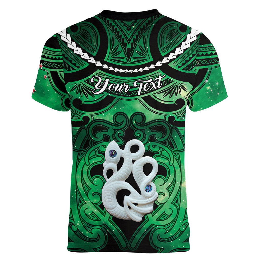 Personalised Maori Matariki Manaia Kakariki Women V-Neck T-Shirt Maori Kowhaiwhai Pattern Galaxy