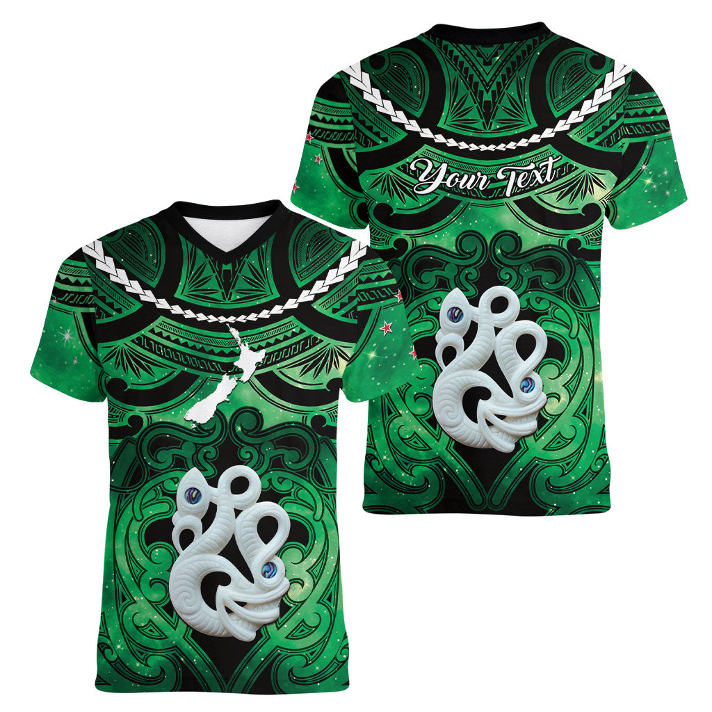 Personalised Maori Matariki Manaia Kakariki Women V-Neck T-Shirt Maori Kowhaiwhai Pattern Galaxy
