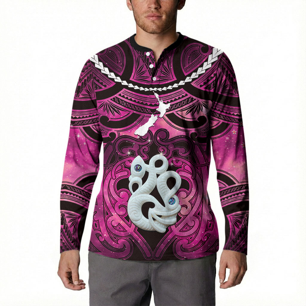 Personalised Maori Matariki Manaia Mawhero Button Sweatshirt Maori Kowhaiwhai Pattern Galaxy