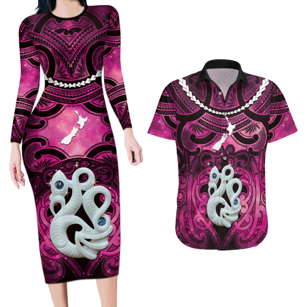 Personalised Maori Matariki Manaia Mawhero Couples Matching Long Sleeve Bodycon Dress and Hawaiian Shirt Maori Kowhaiwhai Pattern Galaxy LT01 Pink - Polynesian Pride