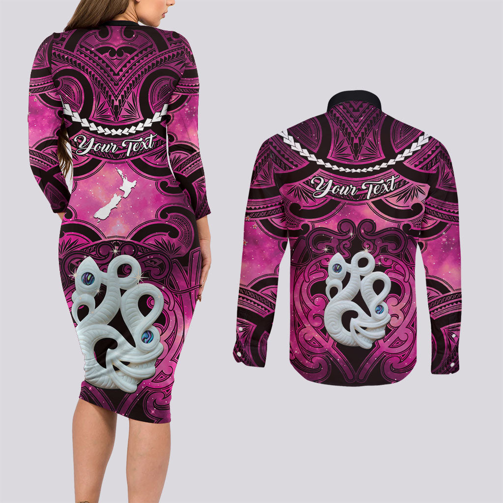 Personalised Maori Matariki Manaia Mawhero Couples Matching Long Sleeve Bodycon Dress and Long Sleeve Button Shirt Maori Kowhaiwhai Pattern Galaxy