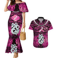 Personalised Maori Matariki Manaia Mawhero Couples Matching Mermaid Dress and Hawaiian Shirt Maori Kowhaiwhai Pattern Galaxy LT01 Pink - Polynesian Pride
