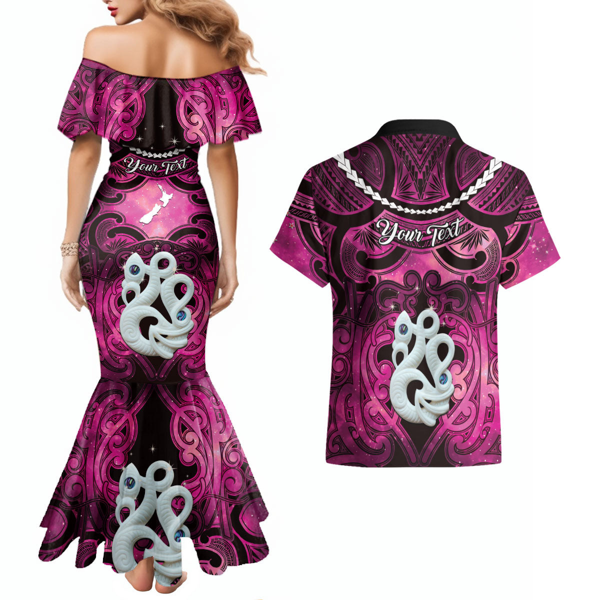 Personalised Maori Matariki Manaia Mawhero Couples Matching Mermaid Dress and Hawaiian Shirt Maori Kowhaiwhai Pattern Galaxy LT01 - Polynesian Pride