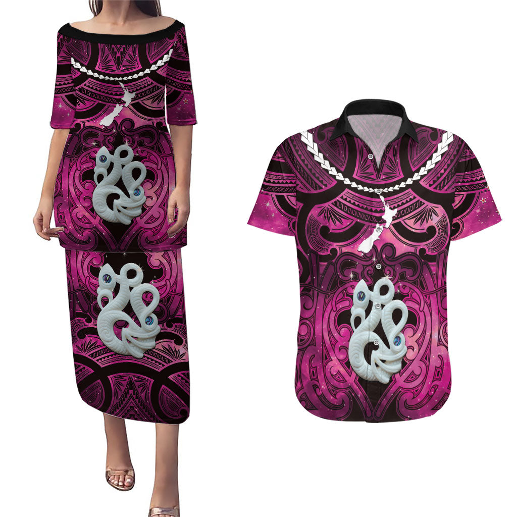 Personalised Maori Matariki Manaia Mawhero Couples Matching Puletasi and Hawaiian Shirt Maori Kowhaiwhai Pattern Galaxy