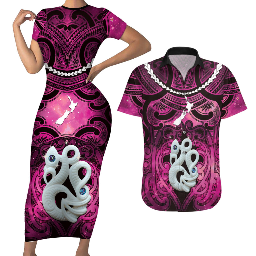 Personalised Maori Matariki Manaia Mawhero Couples Matching Short Sleeve Bodycon Dress and Hawaiian Shirt Maori Kowhaiwhai Pattern Galaxy
