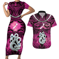 Personalised Maori Matariki Manaia Mawhero Couples Matching Short Sleeve Bodycon Dress and Hawaiian Shirt Maori Kowhaiwhai Pattern Galaxy LT01 Pink - Polynesian Pride
