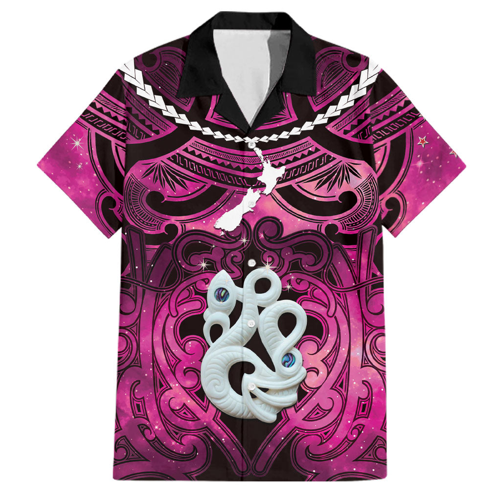 Personalised Maori Matariki Manaia Mawhero Family Matching Mermaid Dress and Hawaiian Shirt Maori Kowhaiwhai Pattern Galaxy LT01 Dad's Shirt - Short Sleeve Pink - Polynesian Pride