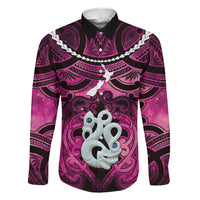 Personalised Maori Matariki Manaia Mawhero Family Matching Mermaid Dress and Hawaiian Shirt Maori Kowhaiwhai Pattern Galaxy LT01 Dad's Shirt - Long Sleeve Pink - Polynesian Pride