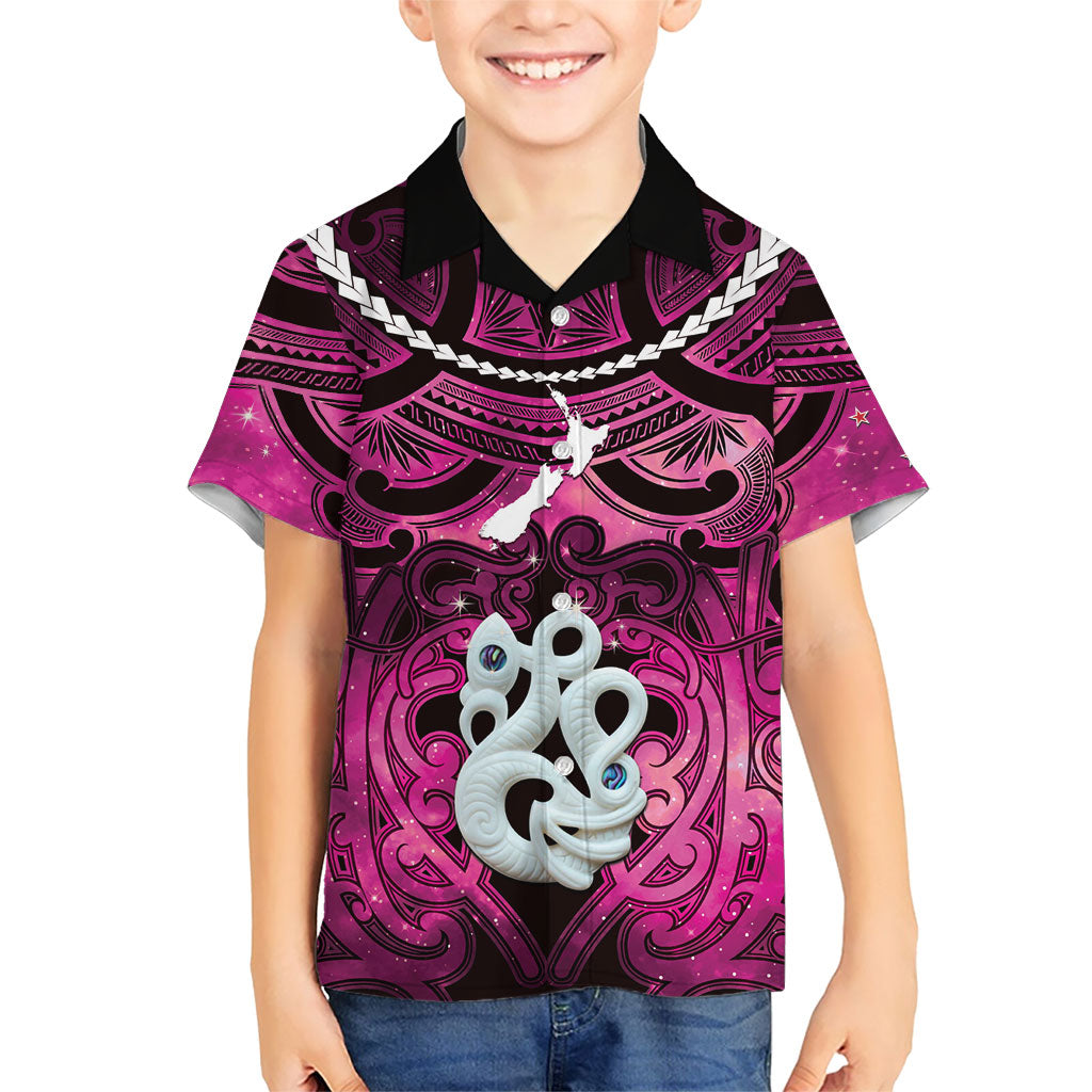 Personalised Maori Matariki Manaia Mawhero Family Matching Off The Shoulder Long Sleeve Dress and Hawaiian Shirt Maori Kowhaiwhai Pattern Galaxy LT01 Son's Shirt Pink - Polynesian Pride