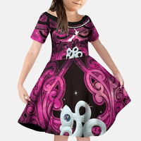 Personalised Maori Matariki Manaia Mawhero Family Matching Off Shoulder Maxi Dress and Hawaiian Shirt Maori Kowhaiwhai Pattern Galaxy LT01 Daughter's Dress Pink - Polynesian Pride