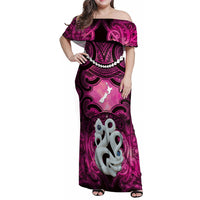 Personalised Maori Matariki Manaia Mawhero Family Matching Off Shoulder Maxi Dress and Hawaiian Shirt Maori Kowhaiwhai Pattern Galaxy LT01 Mom's Dress Pink - Polynesian Pride