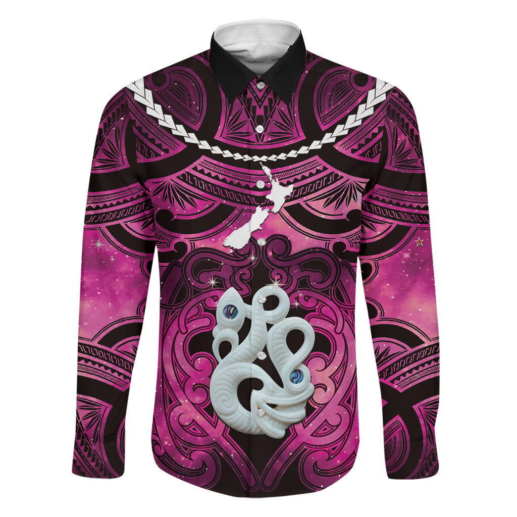 Personalised Maori Matariki Manaia Mawhero Family Matching Short Sleeve Bodycon Dress and Hawaiian Shirt Maori Kowhaiwhai Pattern Galaxy LT01 Dad's Shirt - Long Sleeve Pink - Polynesian Pride