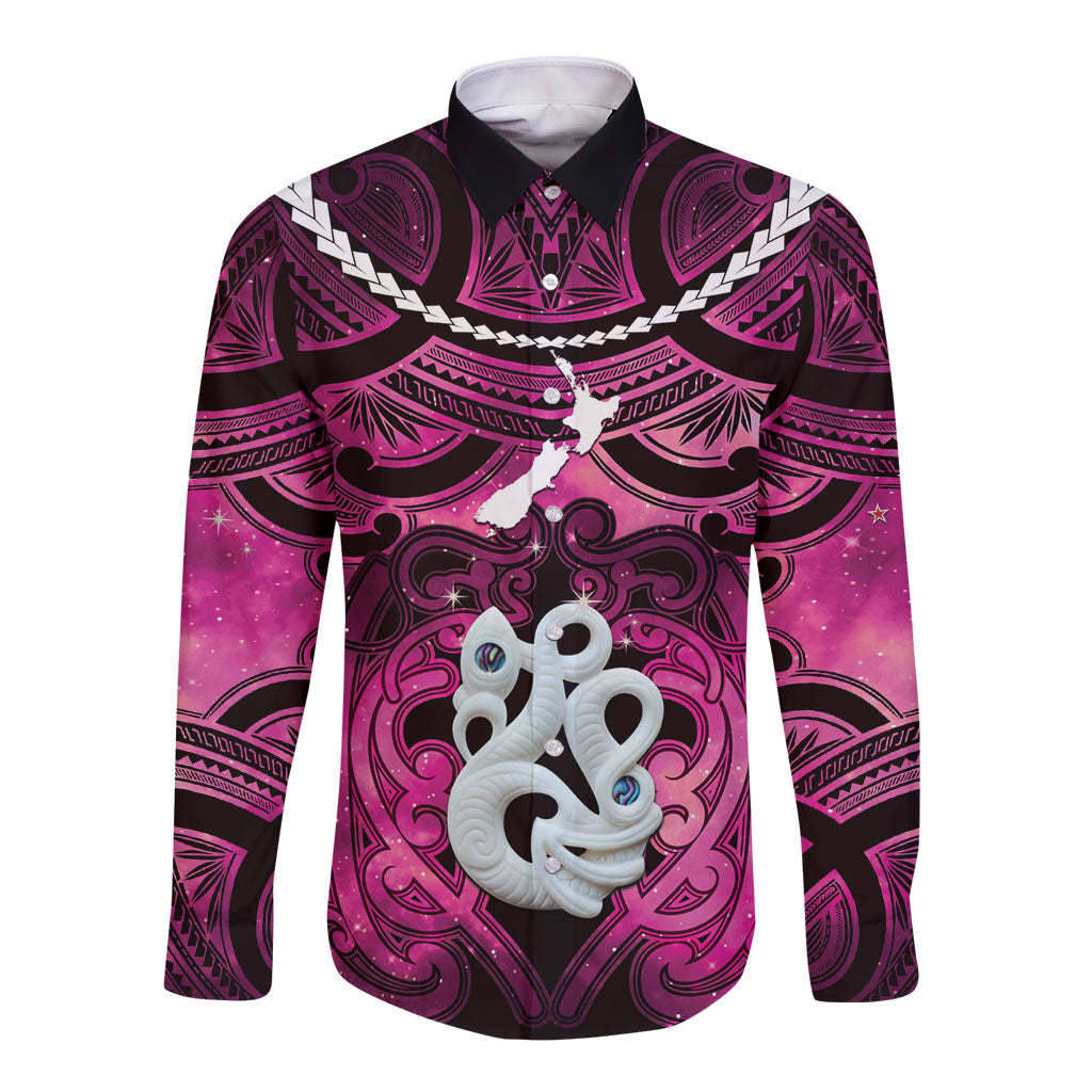 Personalised Maori Matariki Manaia Mawhero Long Sleeve Button Shirt Maori Kowhaiwhai Pattern Galaxy
