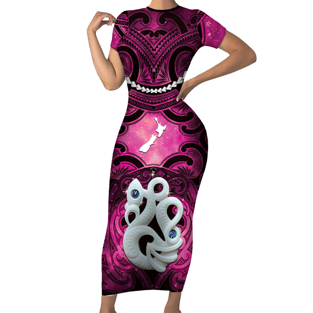 Personalised Maori Matariki Manaia Mawhero Short Sleeve Bodycon Dress Maori Kowhaiwhai Pattern Galaxy