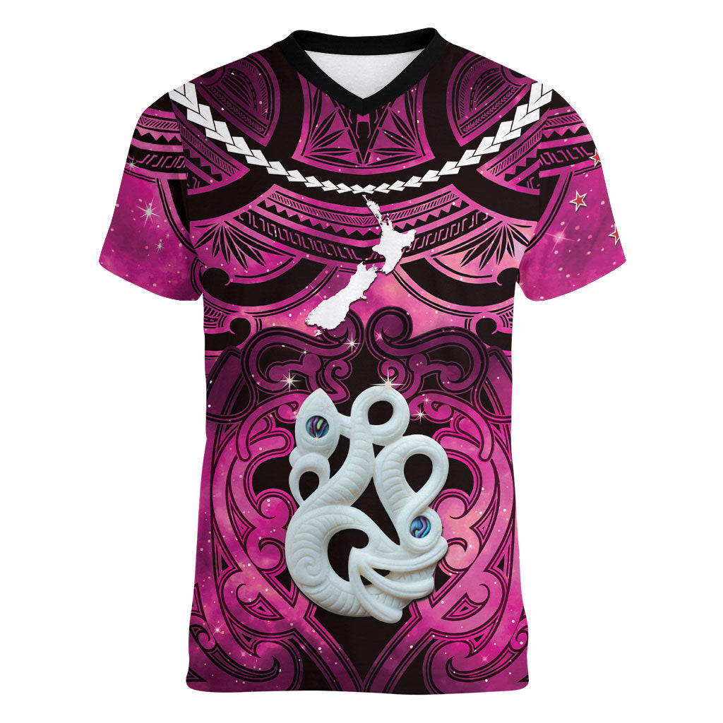 Personalised Maori Matariki Manaia Mawhero Women V-Neck T-Shirt Maori Kowhaiwhai Pattern Galaxy