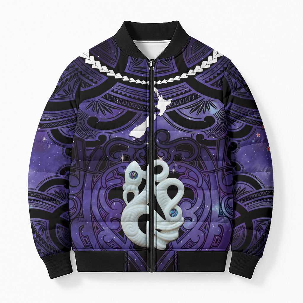 Personalised Maori Matariki Manaia Waiporoporo Bomber Puffer Jacket Maori Kowhaiwhai Pattern Galaxy