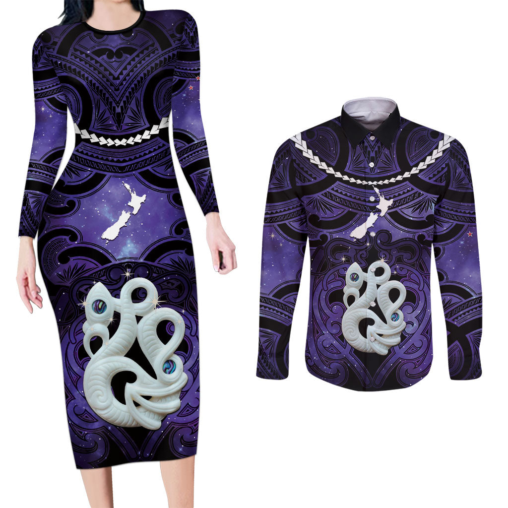 Personalised Maori Matariki Manaia Waiporoporo Couples Matching Long Sleeve Bodycon Dress and Long Sleeve Button Shirt Maori Kowhaiwhai Pattern Galaxy LT01 Purple - Polynesian Pride
