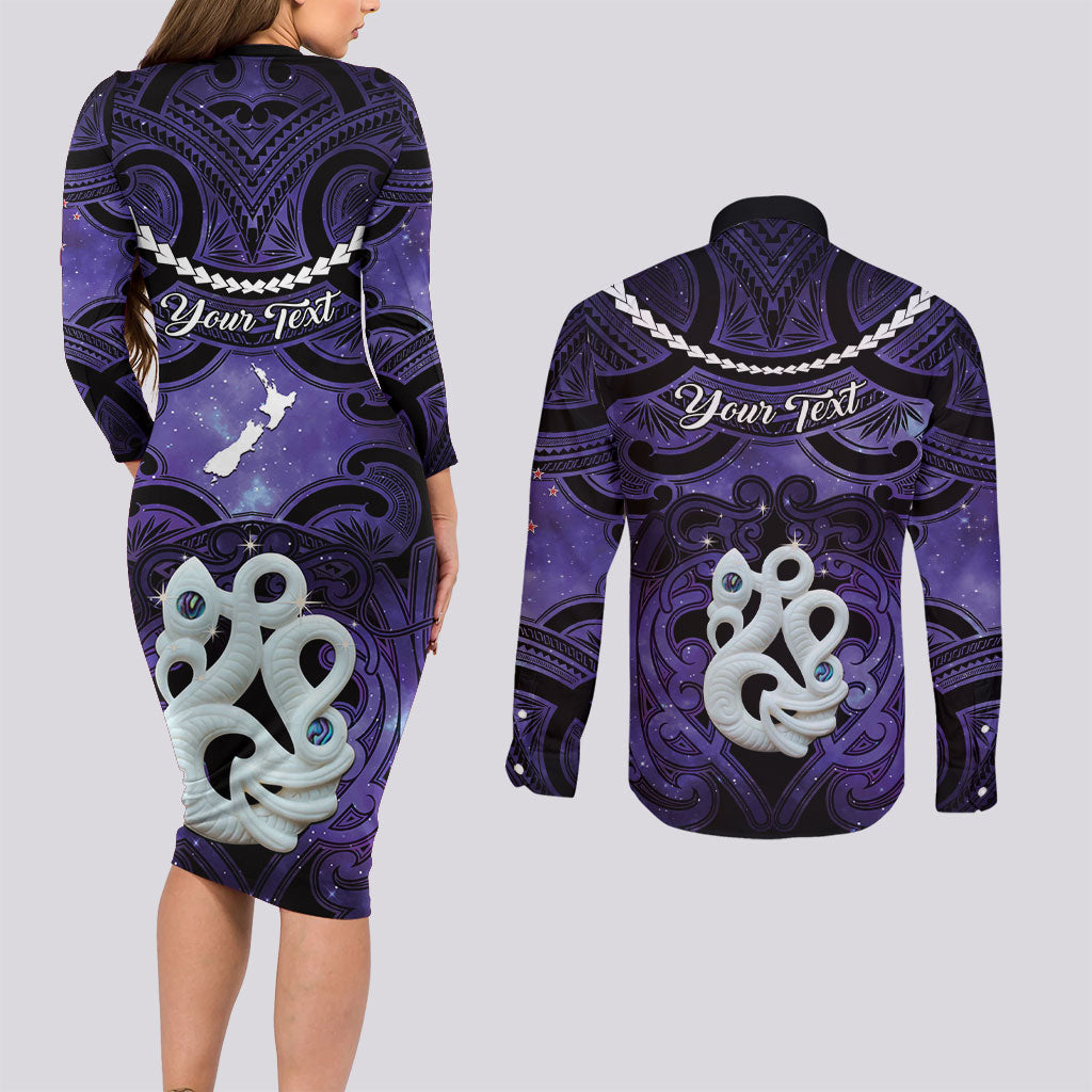 Personalised Maori Matariki Manaia Waiporoporo Couples Matching Long Sleeve Bodycon Dress and Long Sleeve Button Shirt Maori Kowhaiwhai Pattern Galaxy LT01 - Polynesian Pride