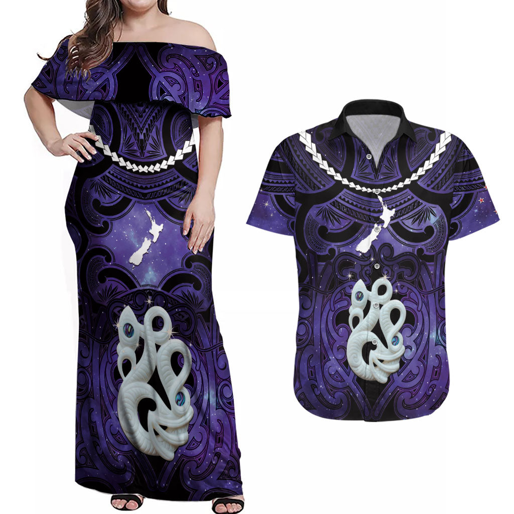 Personalised Maori Matariki Manaia Waiporoporo Couples Matching Off Shoulder Maxi Dress and Hawaiian Shirt Maori Kowhaiwhai Pattern Galaxy LT01 Purple - Polynesian Pride
