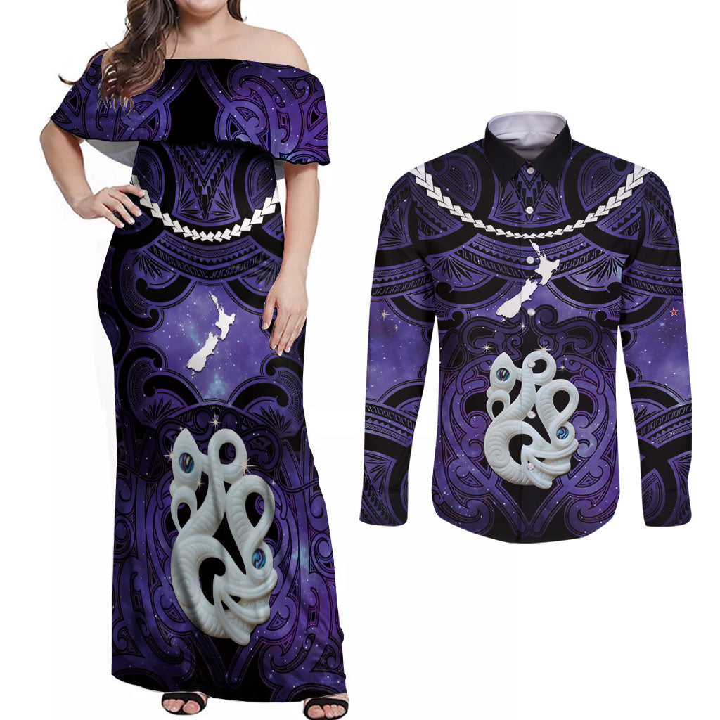 Personalised Maori Matariki Manaia Waiporoporo Couples Matching Off Shoulder Maxi Dress and Long Sleeve Button Shirt Maori Kowhaiwhai Pattern Galaxy