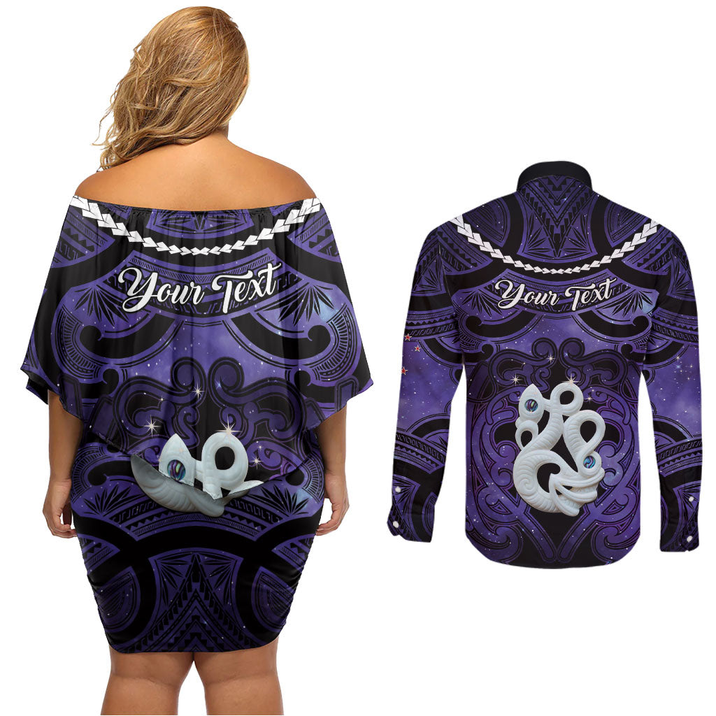 Personalised Maori Matariki Manaia Waiporoporo Couples Matching Off Shoulder Short Dress and Long Sleeve Button Shirt Maori Kowhaiwhai Pattern Galaxy