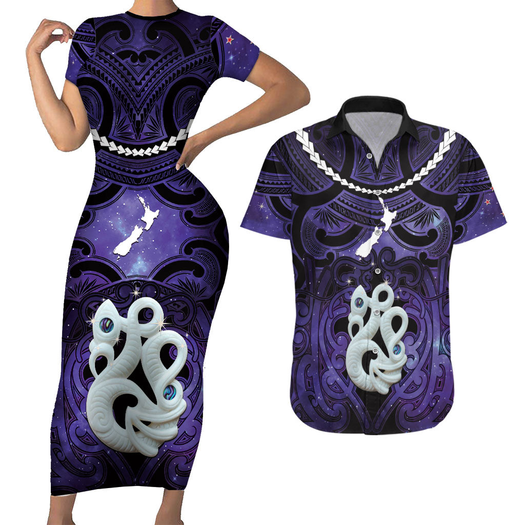 Personalised Maori Matariki Manaia Waiporoporo Couples Matching Short Sleeve Bodycon Dress and Hawaiian Shirt Maori Kowhaiwhai Pattern Galaxy LT01 Purple - Polynesian Pride