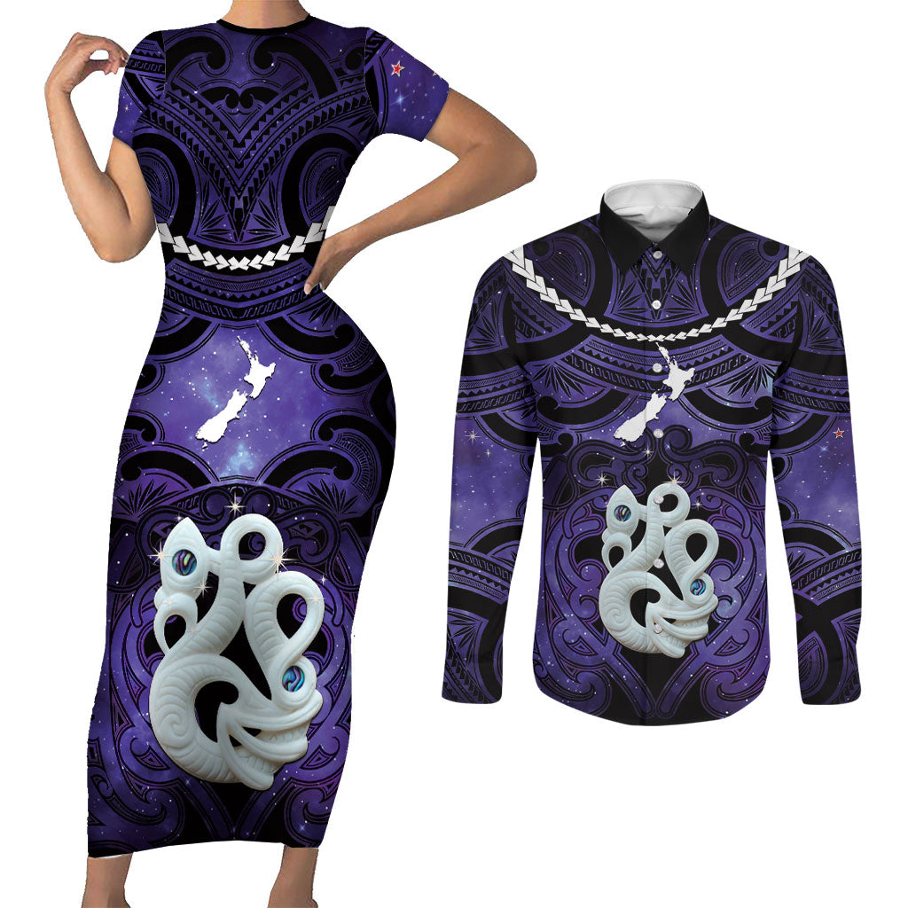Personalised Maori Matariki Manaia Waiporoporo Couples Matching Short Sleeve Bodycon Dress and Long Sleeve Button Shirt Maori Kowhaiwhai Pattern Galaxy