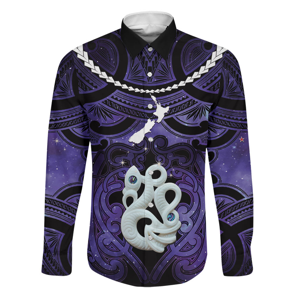 Personalised Maori Matariki Manaia Waiporoporo Family Matching Long Sleeve Bodycon Dress and Hawaiian Shirt Maori Kowhaiwhai Pattern Galaxy LT01 Dad's Shirt - Long Sleeve Purple - Polynesian Pride