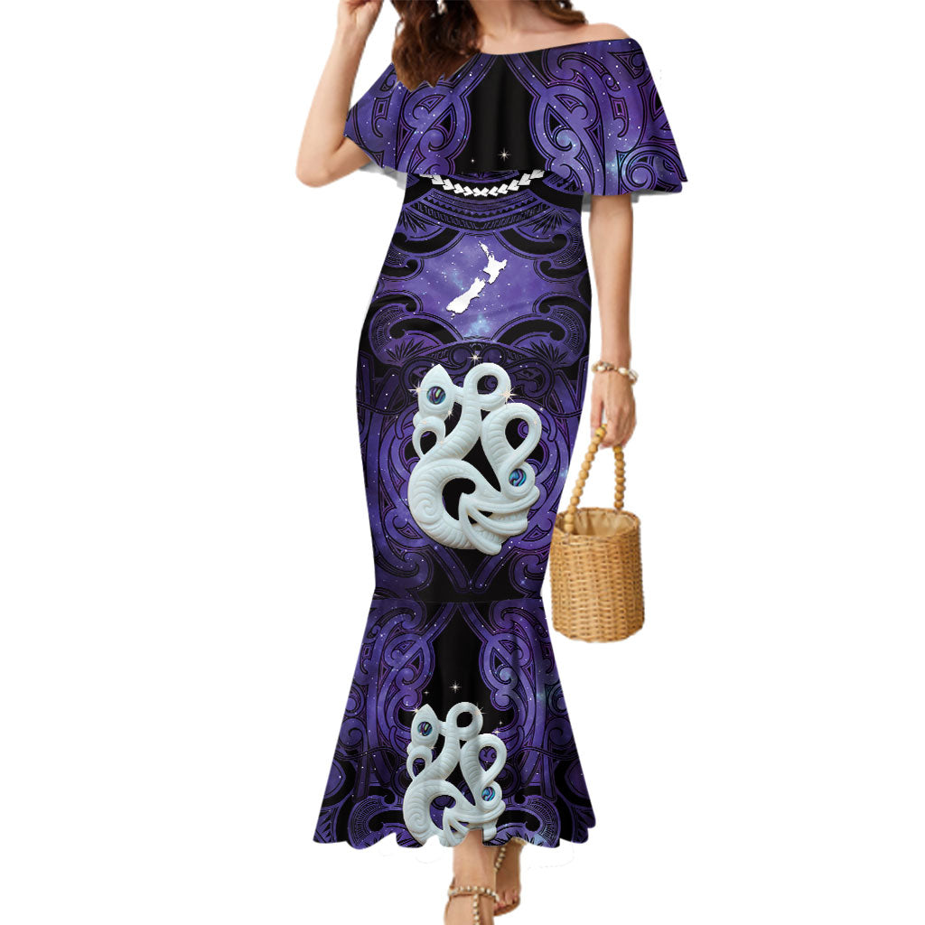 Personalised Maori Matariki Manaia Waiporoporo Family Matching Mermaid Dress and Hawaiian Shirt Maori Kowhaiwhai Pattern Galaxy LT01 Mom's Dress Purple - Polynesian Pride