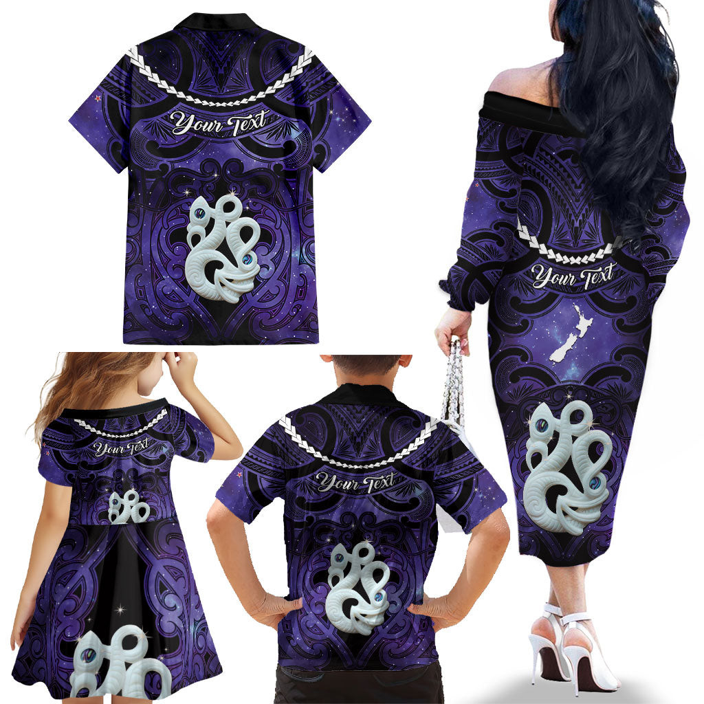Personalised Maori Matariki Manaia Waiporoporo Family Matching Off The Shoulder Long Sleeve Dress and Hawaiian Shirt Maori Kowhaiwhai Pattern Galaxy LT01 - Polynesian Pride