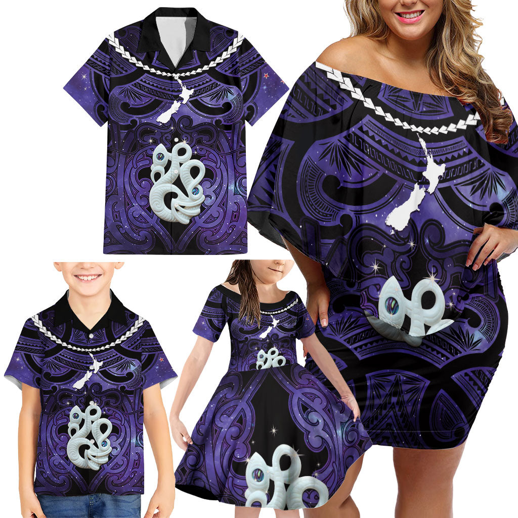 Personalised Maori Matariki Manaia Waiporoporo Family Matching Off Shoulder Short Dress and Hawaiian Shirt Maori Kowhaiwhai Pattern Galaxy LT01 - Polynesian Pride