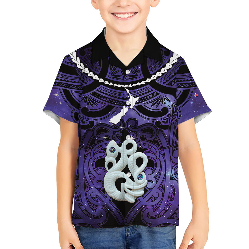 Personalised Maori Matariki Manaia Waiporoporo Family Matching Off Shoulder Short Dress and Hawaiian Shirt Maori Kowhaiwhai Pattern Galaxy LT01 Son's Shirt Purple - Polynesian Pride