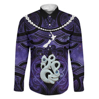 Personalised Maori Matariki Manaia Waiporoporo Family Matching Summer Maxi Dress and Hawaiian Shirt Maori Kowhaiwhai Pattern Galaxy LT01 Dad's Shirt - Long Sleeve Purple - Polynesian Pride