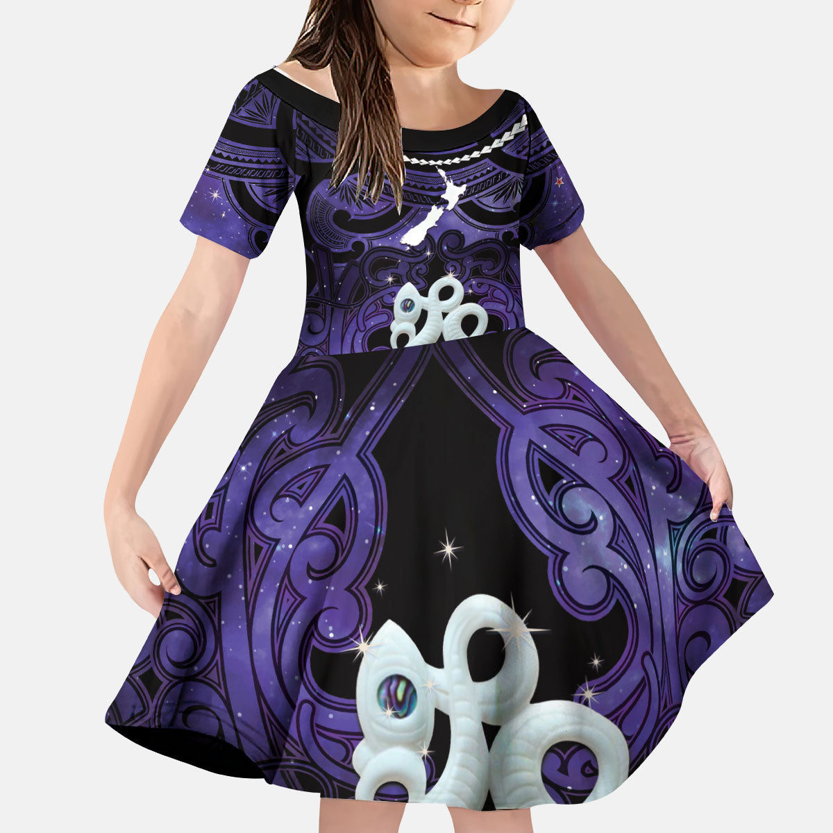 Personalised Maori Matariki Manaia Waiporoporo Kid Short Sleeve Dress Maori Kowhaiwhai Pattern Galaxy
