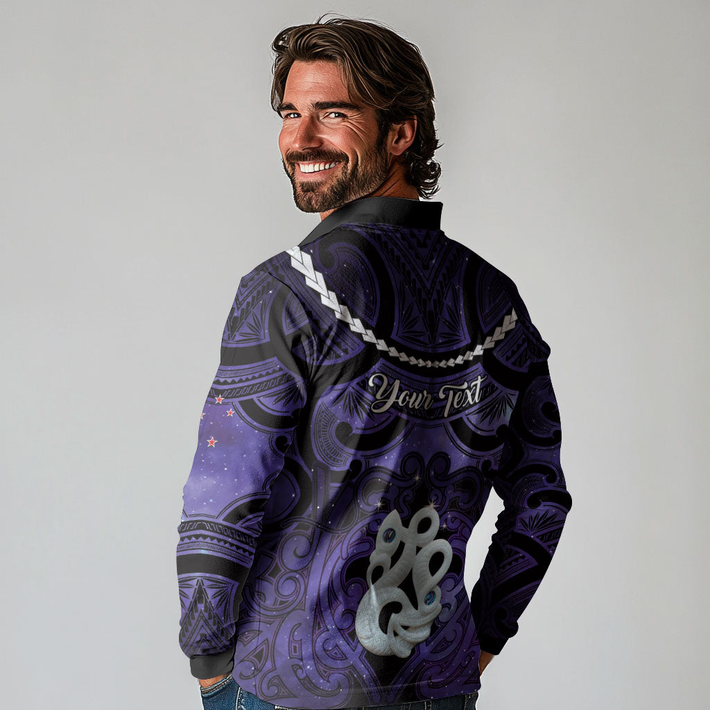 Personalised Maori Matariki Manaia Waiporoporo Long Sleeve Polo Shirt Maori Kowhaiwhai Pattern Galaxy