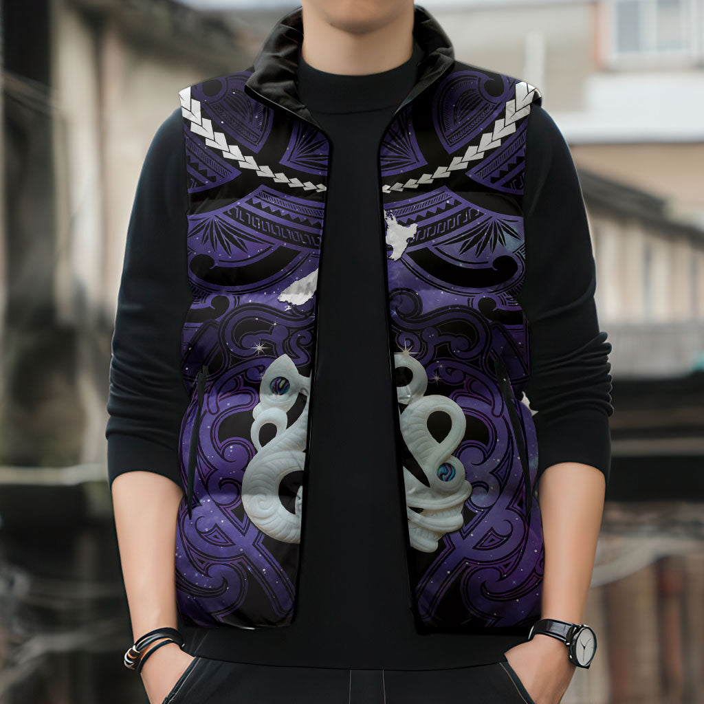 Personalised Maori Matariki Manaia Waiporoporo Sleeveless Puffer Jacket Maori Kowhaiwhai Pattern Galaxy